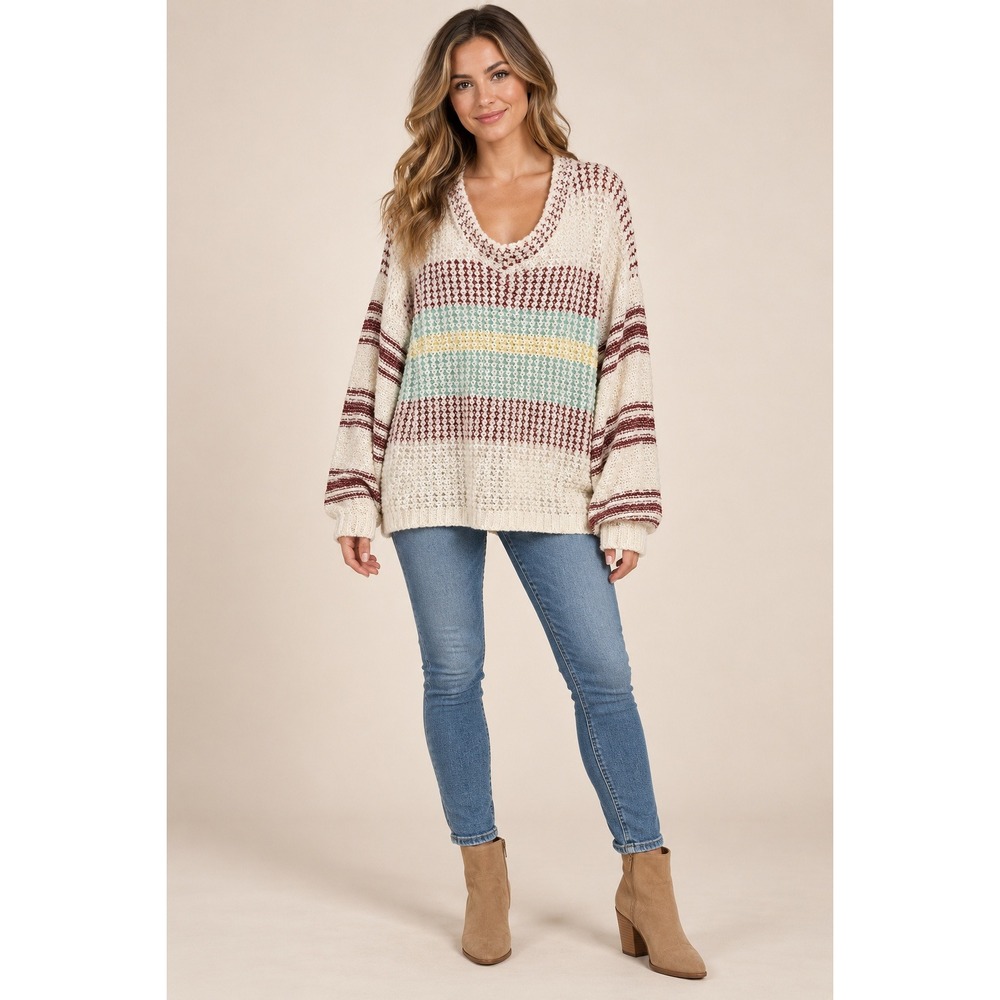 Boho cottagecore Striped Knit Sweater Women Size S/M Cream V-Neck Boho Oversized